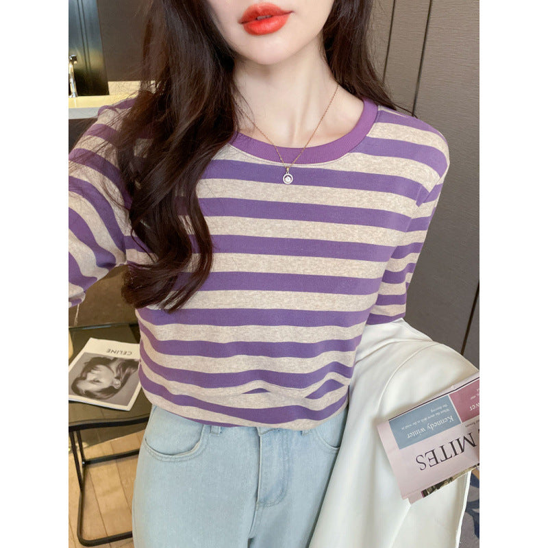 Real Shot All-match Breastfeeding Clothes Spring Pure Cotton Sanding Breastfeeding Striped T-shirt Postpartum All-match Slimming Breastfeeding Base Clothes