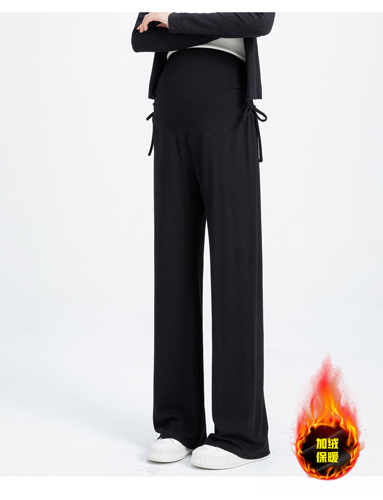 Pregnant women's pants 2024 new pregnant women's pants autumn and winter fleece-lined small pregnancy wide leg pants drawstring straight tube pants