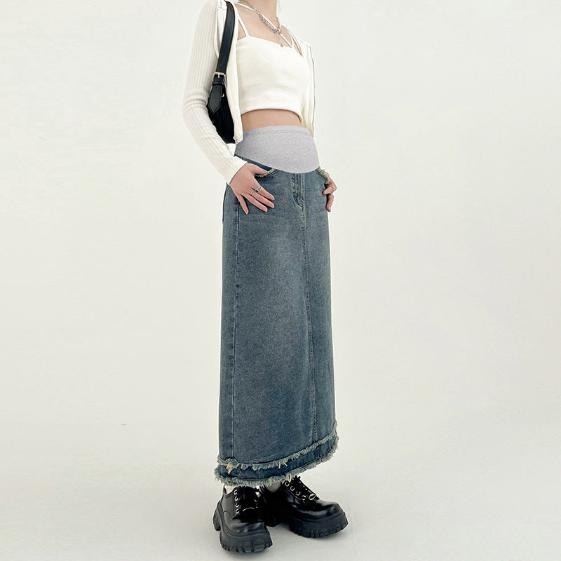 Pregnant women's frayed skirt Denim women's spring and summer high waist pear-shaped mid-length A- line skirt long skirt