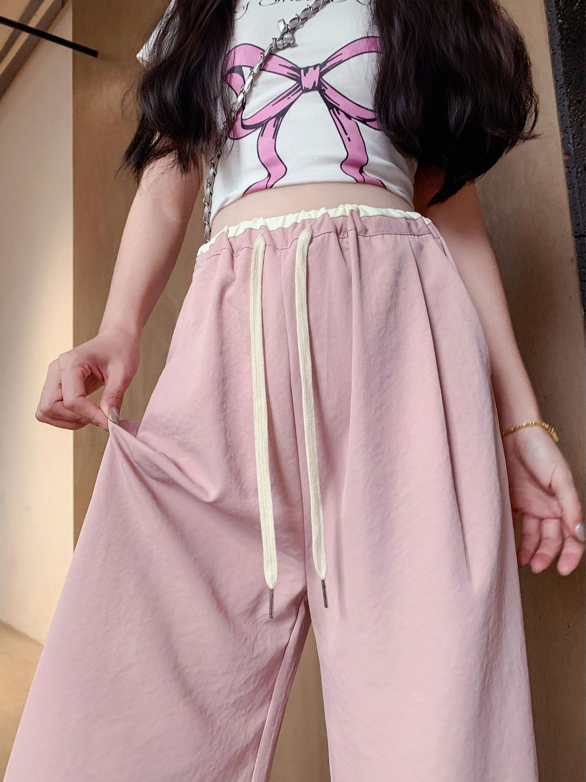 Spring and Summer Pregnant Women's Drawstring Ice Silk Wide Leg Pants Pregnant Women's Summer Thin Texture Sense Dipping Yamamoto Pants Casual Small