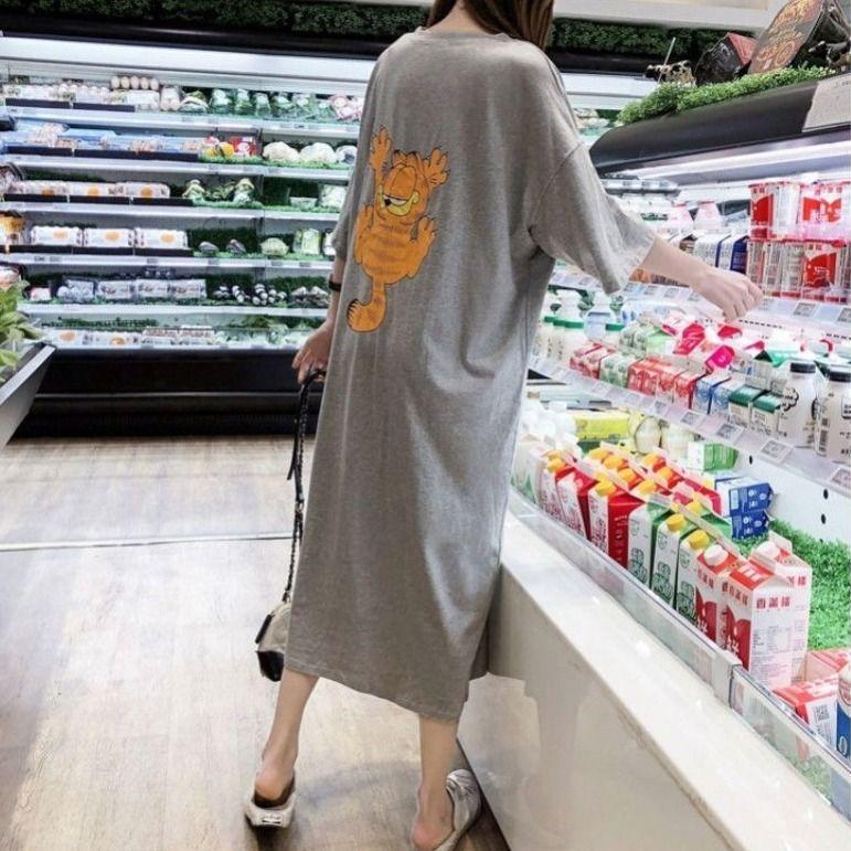 Pregnant Women's Short-sleeved Cartoon T-shirt Skirt Summer Women's Korean-style plus size Loose Long Over-the-knee Pregnant Women's dress