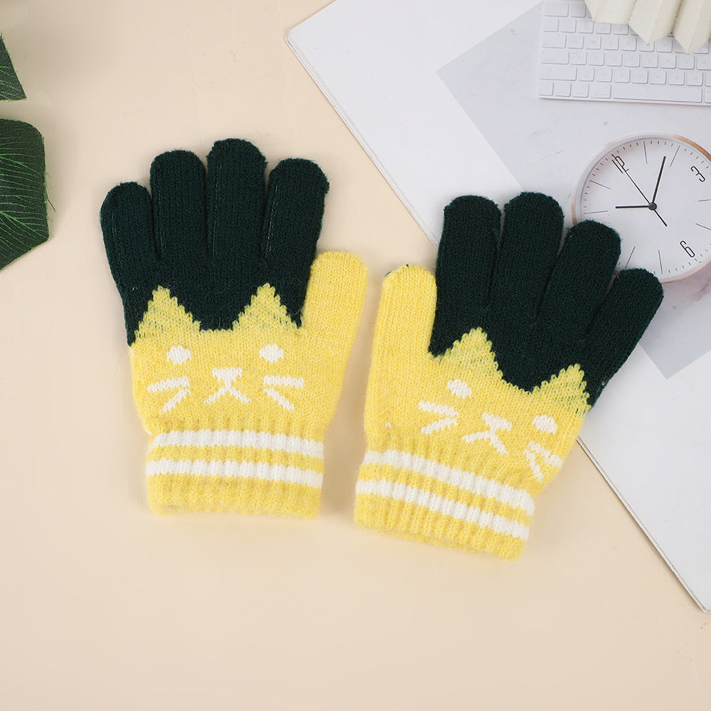 Winter Kidsren's Gloves Are Warm and Velvet to Prevent Cold. Primary School Students Write Boys and Girls Baby Sets Jacquard Gloves Kittens