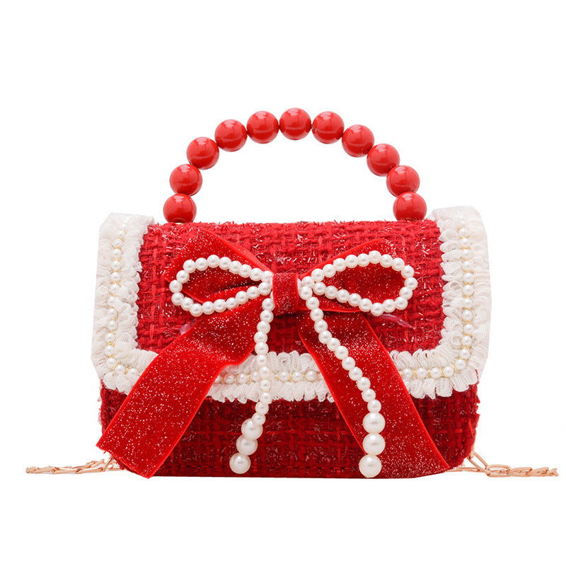 Children's New Year Red Envelope Korean Style Bow Pearl Small Square Bag Princess Shoulder Crossbody Mini Change Accessories Small Bag