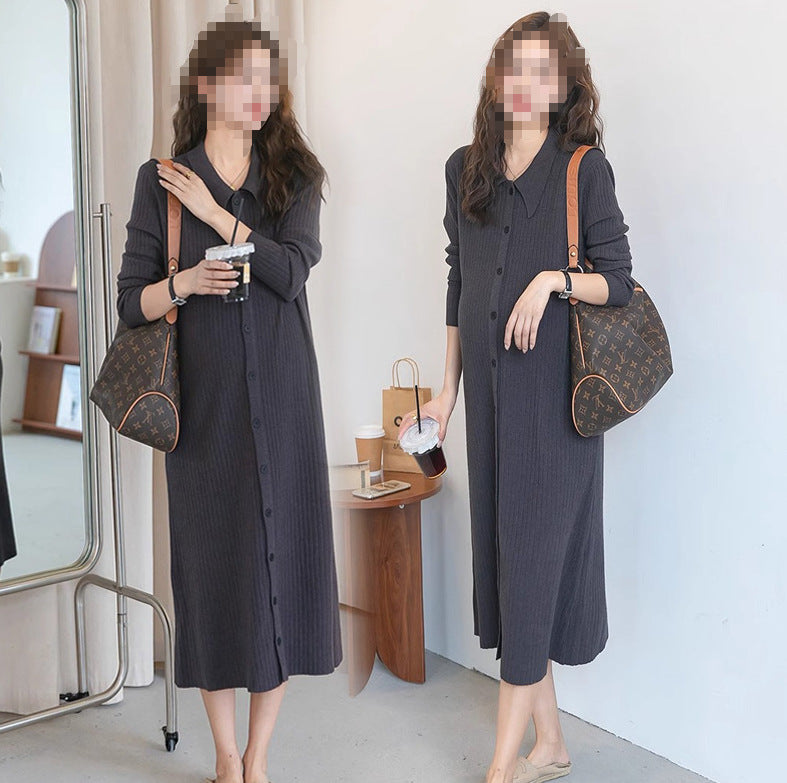 Pregnant women autumn dress 2024 new fashion French sweet doll collar knitted dress