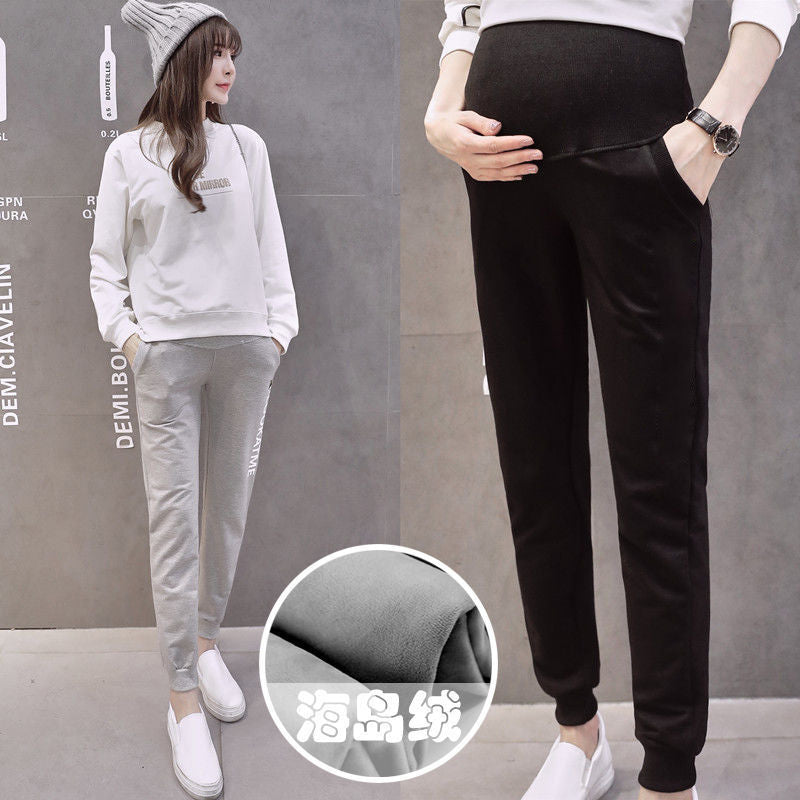 Pregnant Women's Pants Pregnant Women's Autumn and Winter Wear Korean Style fleece-lined Thickened Abdominal Pants Leggings Loose Harlan Pants Pregnant Women's Pants