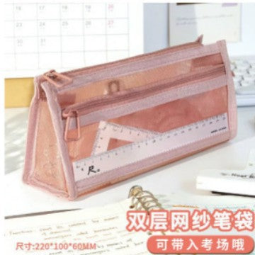 In-Stock Korean Simple Transparent Mesh Pencil Case Storage Bag for Students, Exam-Specific Portable Large-Capacity Pencil Bag