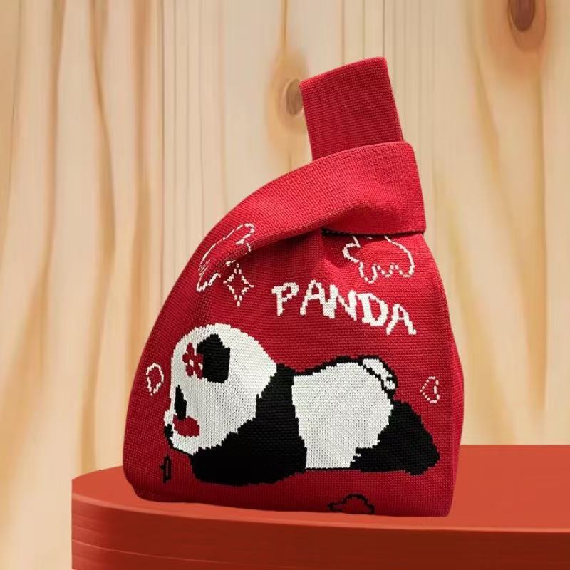 Panda New Knitted Bag Women's Handbag Wide Hand Gift Back Gift Bag Cute Panda Knitted Bag Hand Gift