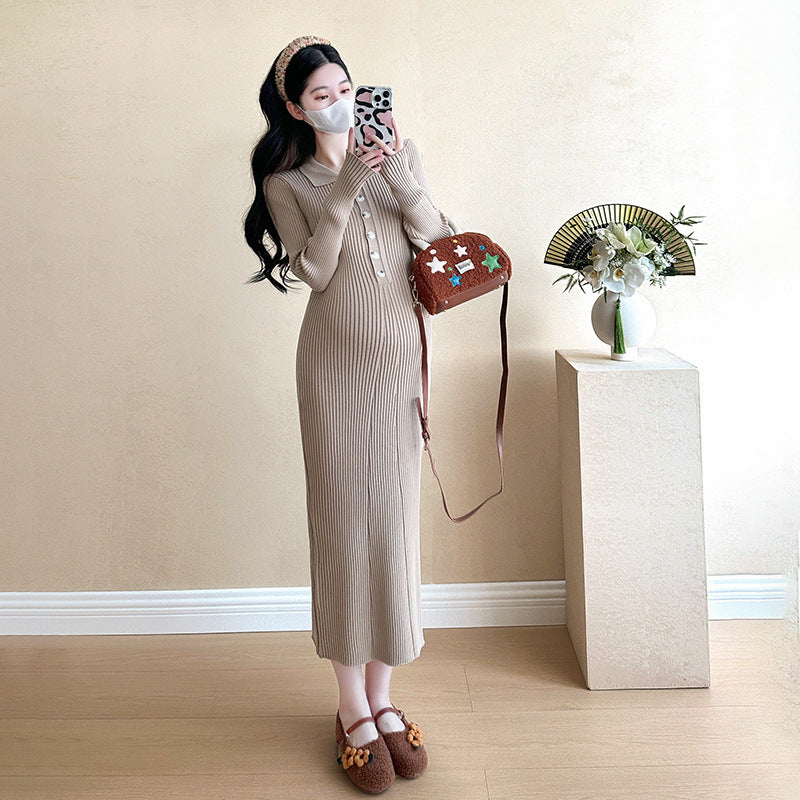 Internet Celebrity Maternity Dress Fashion Elegant Slimming Mid-length Knitted New Solid Color Lapp Fashion Pregnant Women dress