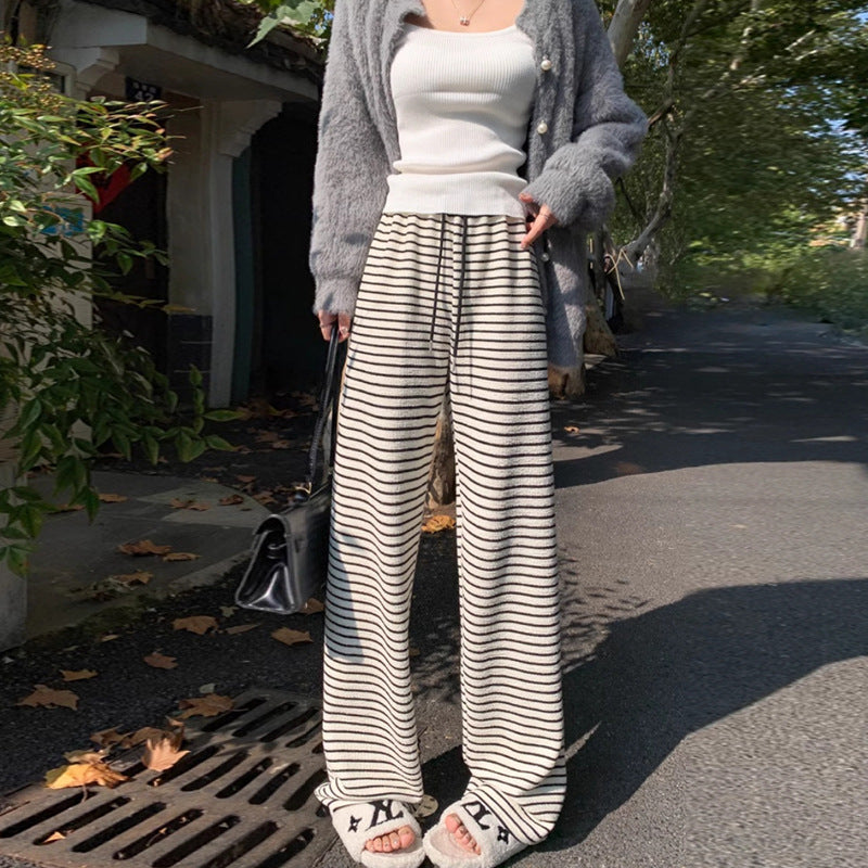 Maternity fleece-lined Black and White Striped Towel Velvet Wide Leg Pants Autumn and Winter New Loose Drawstring Sports Pants Casual Pants