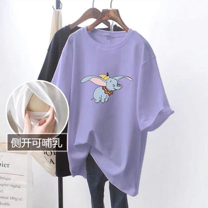 Nursing Top Summer mid-length short-sleeved T-shirt loose postpartum hot mom slimming nursing bottoming shirt