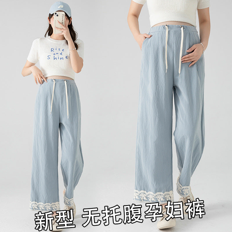 2025 Pregnant Women's Imitation Denim Tencel Lace Casual Dipper High-grade Nine-point Wide-leg Pants