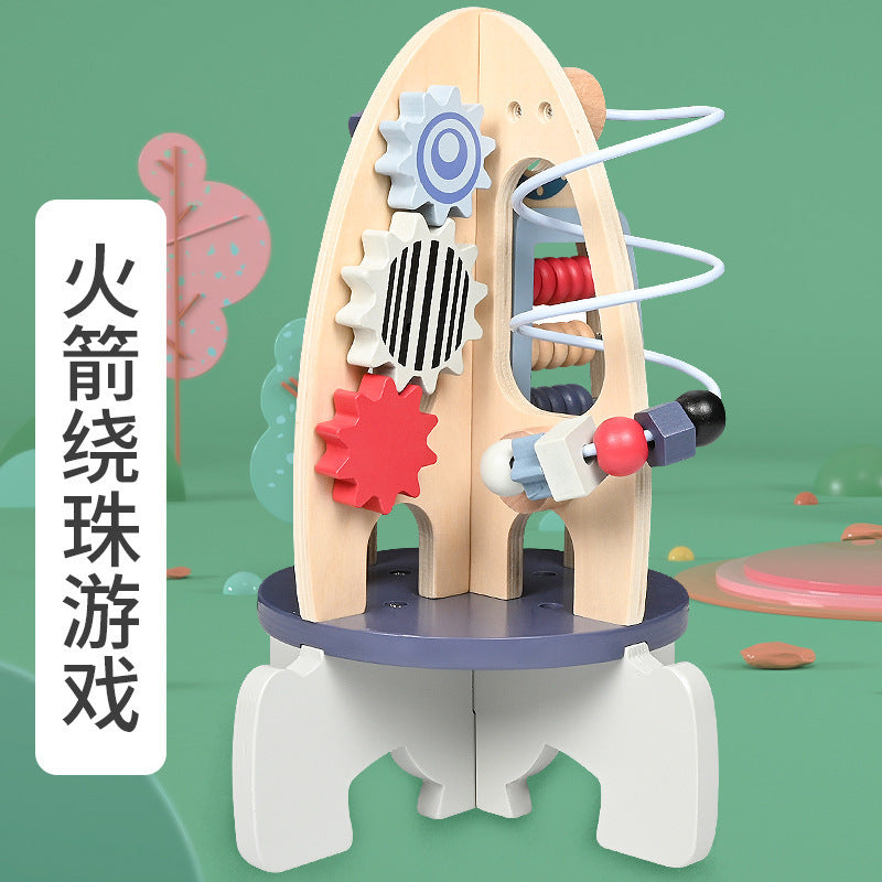 New Children's Wooden Space Rocket Multi-Functional Educational Early Education Around Beads Montessori Toys Customized