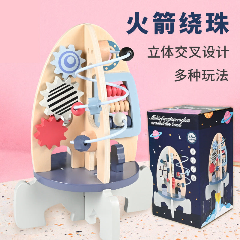 New Children's Wooden Space Rocket Multi-Functional Educational Early Education Around Beads Montessori Toys Customized