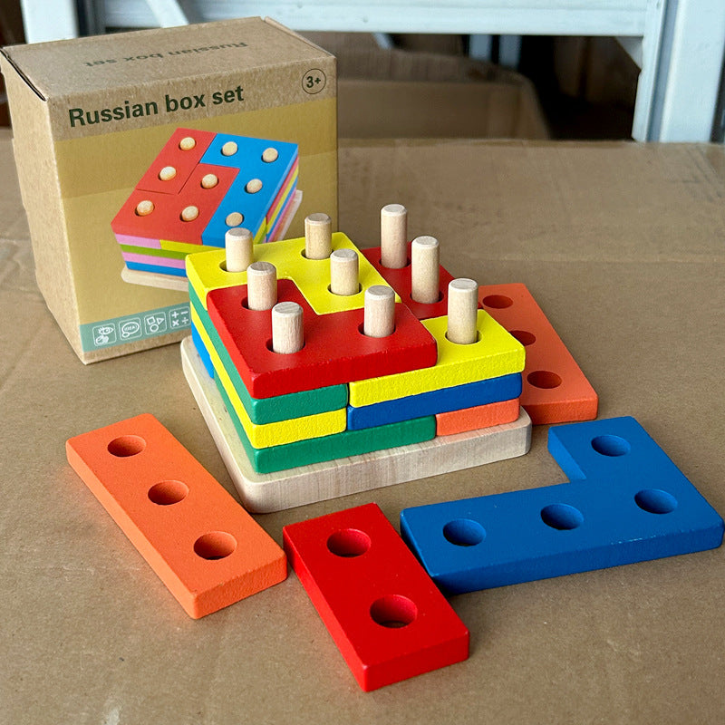 Cross-Border Popular Children's Early Education Educational Geometric Set Column Shape Matching Toys Tetris Enlightenment Wooden Building Blocks