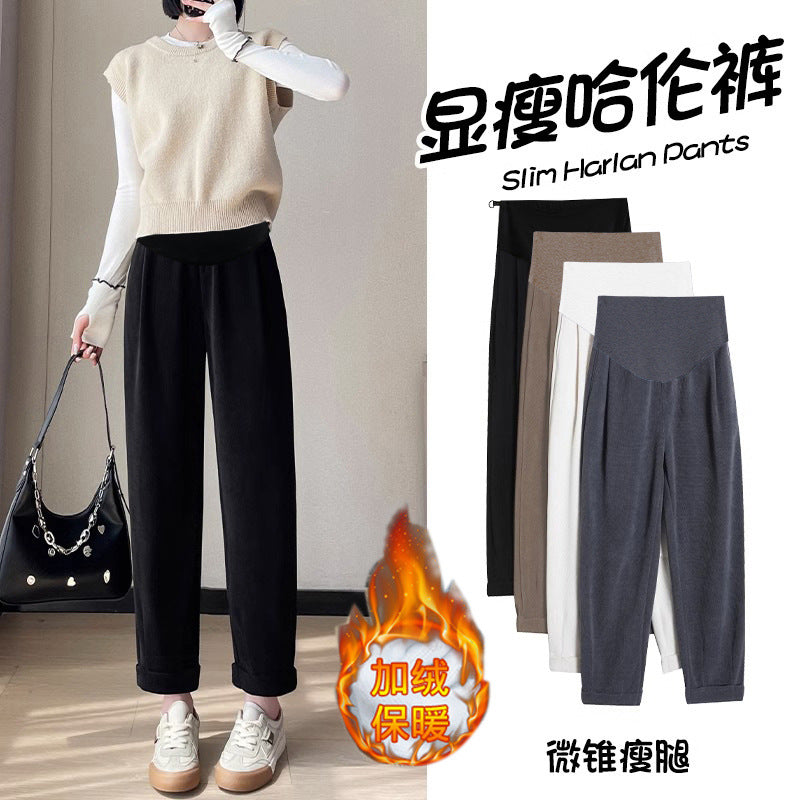 Pregnant women's autumn and winter chenille European cotton velvet fleece-lined thickened bloomers slim ankle-tied pants sports pants