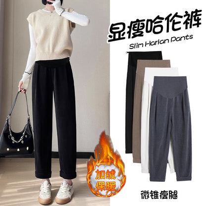 Pregnant women's autumn and winter chenille European cotton velvet fleece-lined thickened bloomers slim ankle-tied pants sports pants