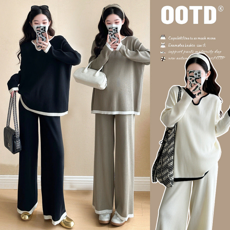 Spring 2025 New Pregnant Mother plus size V-neck Contrast Color Stitching Knitted Lazy Elegant Fashion Loose suit