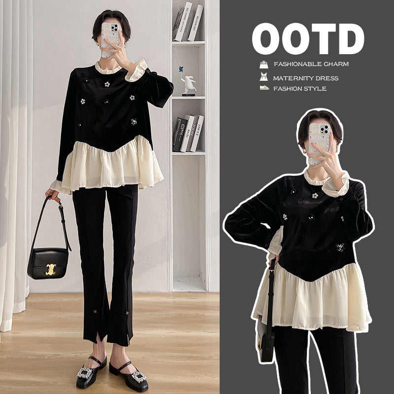 Real shot maternity clothes autumn new temperament fashion loose stitching velvet top belly pants two-piece set