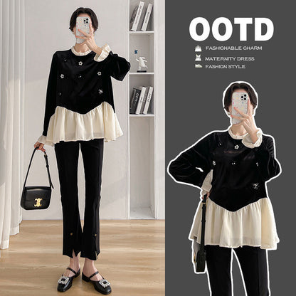 Real shot maternity clothes autumn new temperament fashion loose stitching velvet top belly pants two-piece set