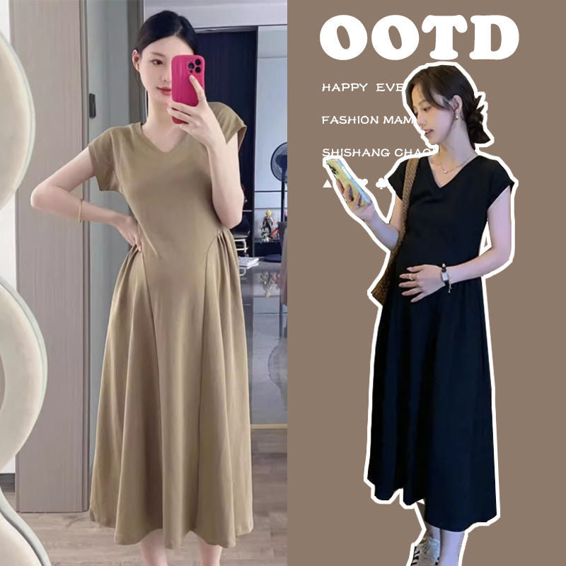 Maternity dress Summer Wear Slimming Elegant V-neck Skirt Summer 2025 New Short-sleeved Long Skirt