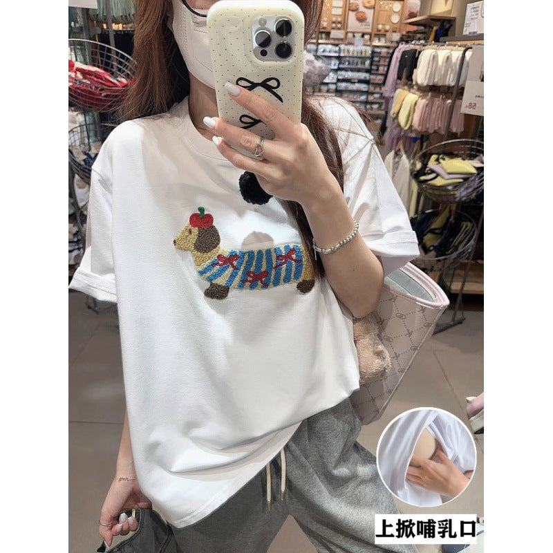 Summer Nursing Clothes Without Zippers for Going Out, Hot Mom Style Pure Cotton Thin Summer Towel Embroidered Puppy Feeding Tops