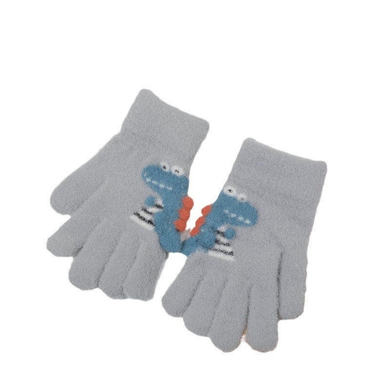 Winter Children's Gloves Cute Student Cartoon Little Dinosaur Warm Gloves Five-Finger Knitted Gloves for Baby Boys and Girls