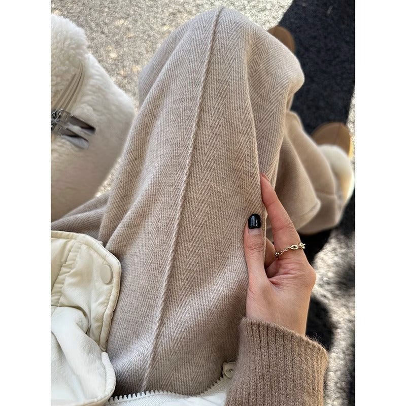 Maternity Pants, Autumn and Winter Style, Woolen, Thickened, Wide-Leg Pants for Outer Wear, High-Waisted, Belly-Supporting, Plus-Size, Straight-Leg, Casual Long Pants with Fleece Lining