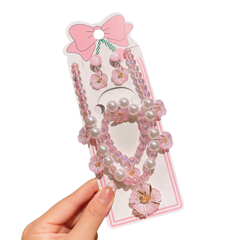 Children's Handmade Pearl Necklace Set with Flowers, Cute and Versatile, Exquisite Little Girl's Ear Clip Bracelet Ring Jewelry