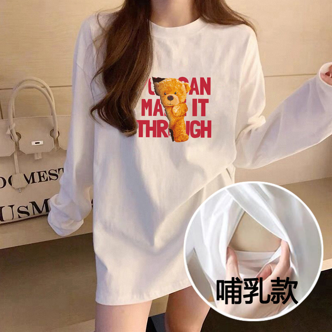 Pregnant Women's Breastfeeding Clothing Autumn and Winter Long Sleeve Mid-length Korean Style Loose plus size Base Shirt Nursing Clothing Outer Wear T-shirt for Women