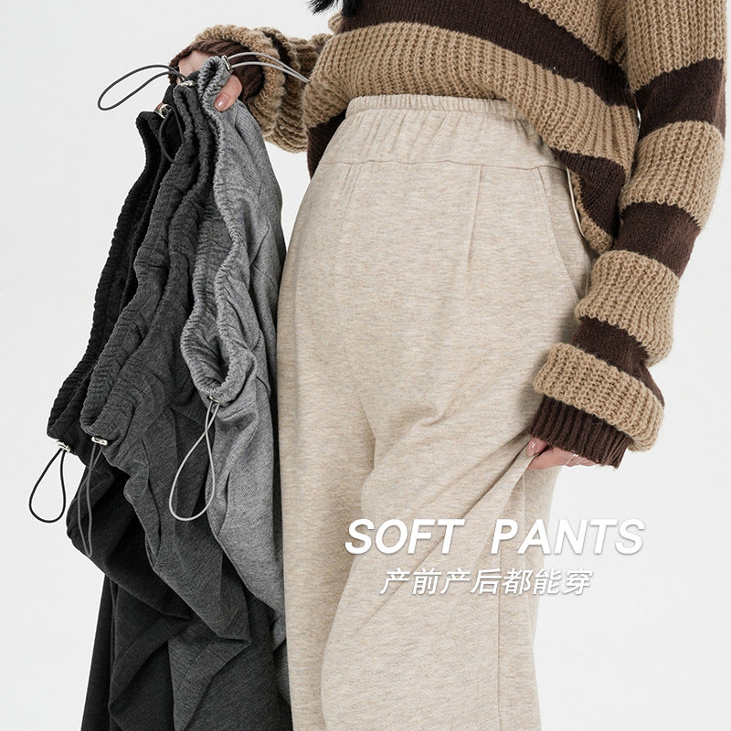 Pregnant women's pants autumn and winter new fleece-lined wide leg pants side drawstring before and after pregnancy can wear pants