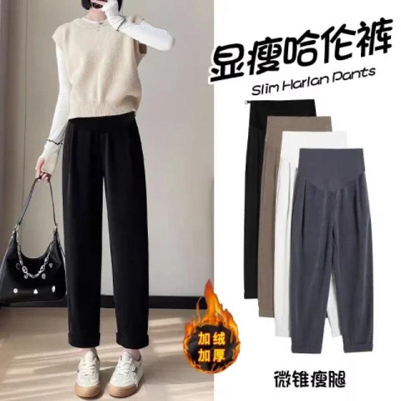 Pregnant women's autumn and winter chenille European cotton velvet fleece-lined thickened bloomers slim ankle-tied pants sports pants