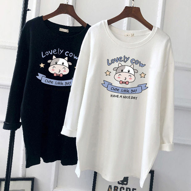Pregnant Women's Autumn Cotton Top Mid-length Long-sleeved Loose Korean Fashion Trendy Mom's Pregnancy T-shirt Winter Base Shirt