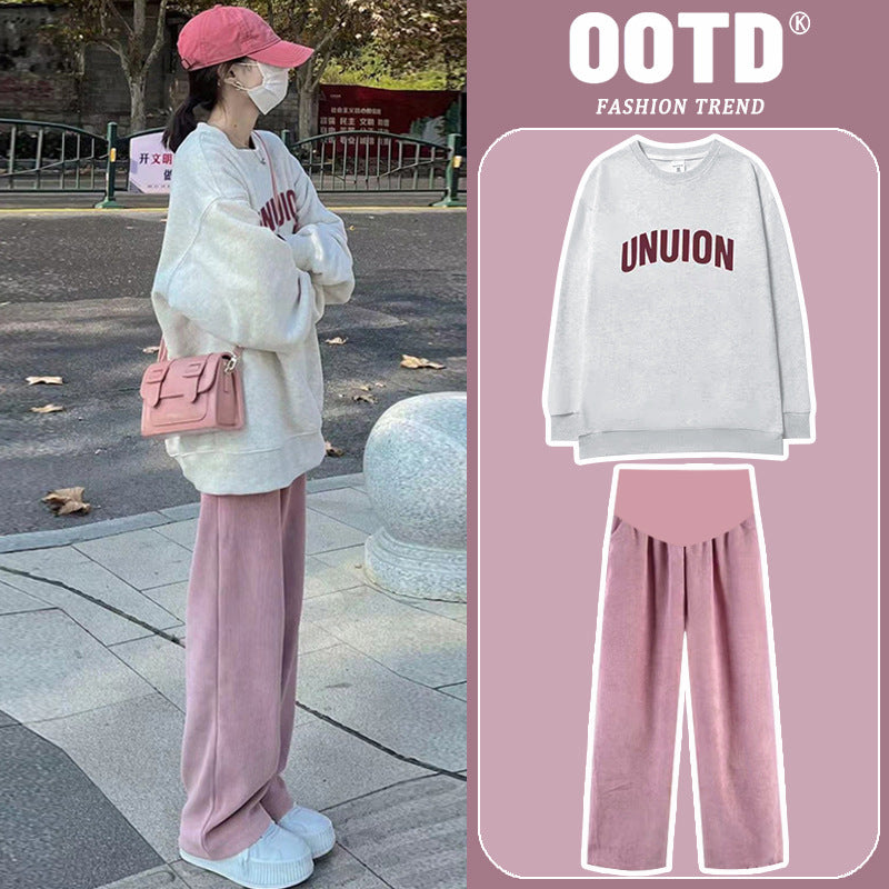 In stock new product ~ 2023 autumn and winter pregnant women suit fashionable western style casual loose top sweater pants two-piece set