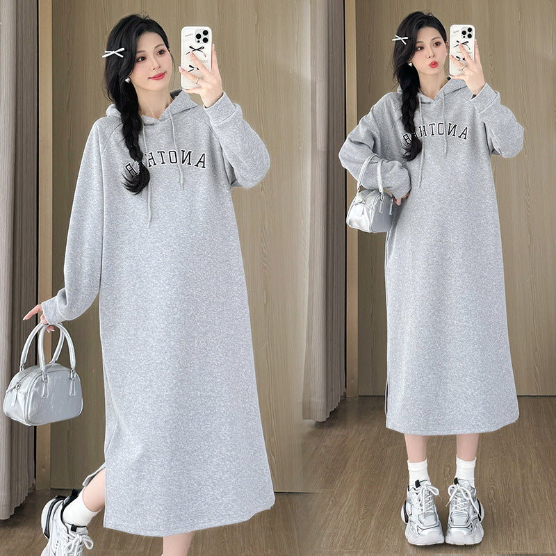 Pregnant Women's Loose Pregnant Women's Fashion Autumn and Winter Loose fleece-lined Thickened Sweat Mid-length dress Autumn and Winter Clothes