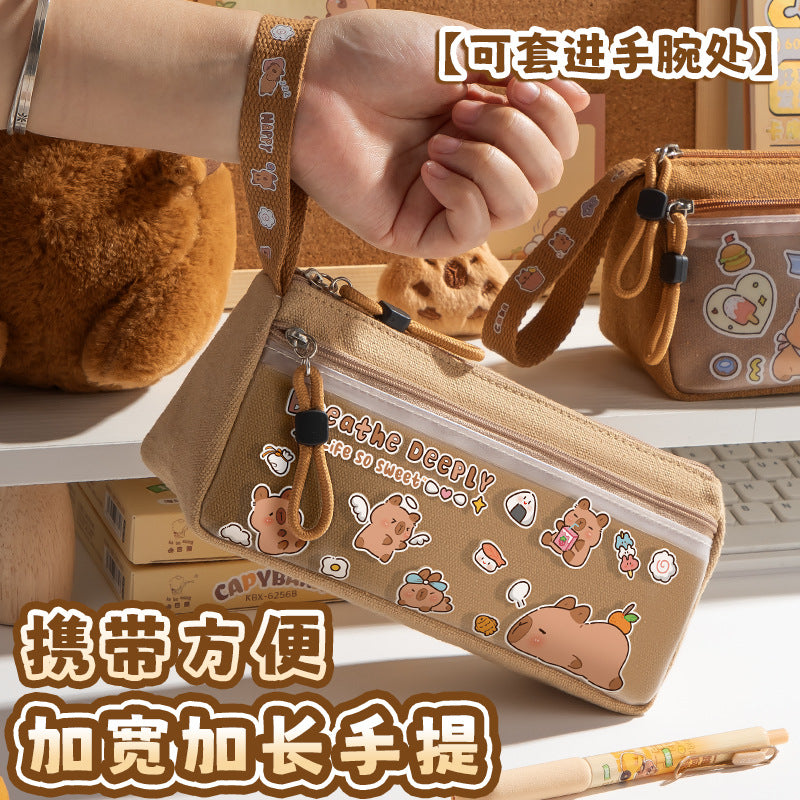Double-Layer Capibara Pencil Case 2025 New Model Large Capacity Transparent Stationery Box for Girls and Boys Primary School Students Pencil Bag