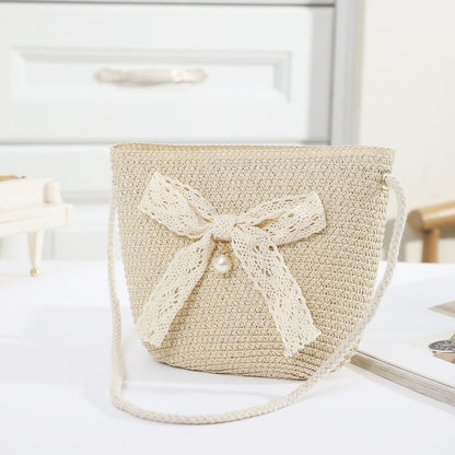 Straw Handmade Bow Woven Mobile Phone Bag Cross-border Hot Selling Women's Crossbody Seaside Straw Woven Crossbody Woven Bag Factory