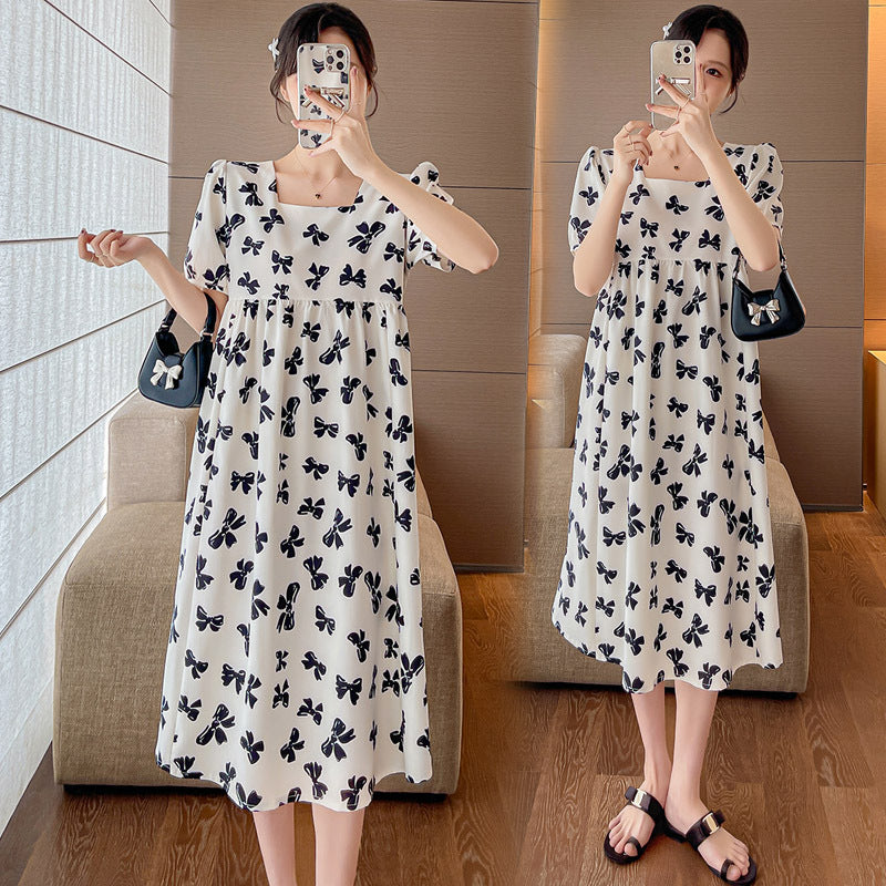 Pregnant Women Summer Dress Fashion Square Collar Butterfly Midi dress Loose plus size Maternity Short Sleeve dress