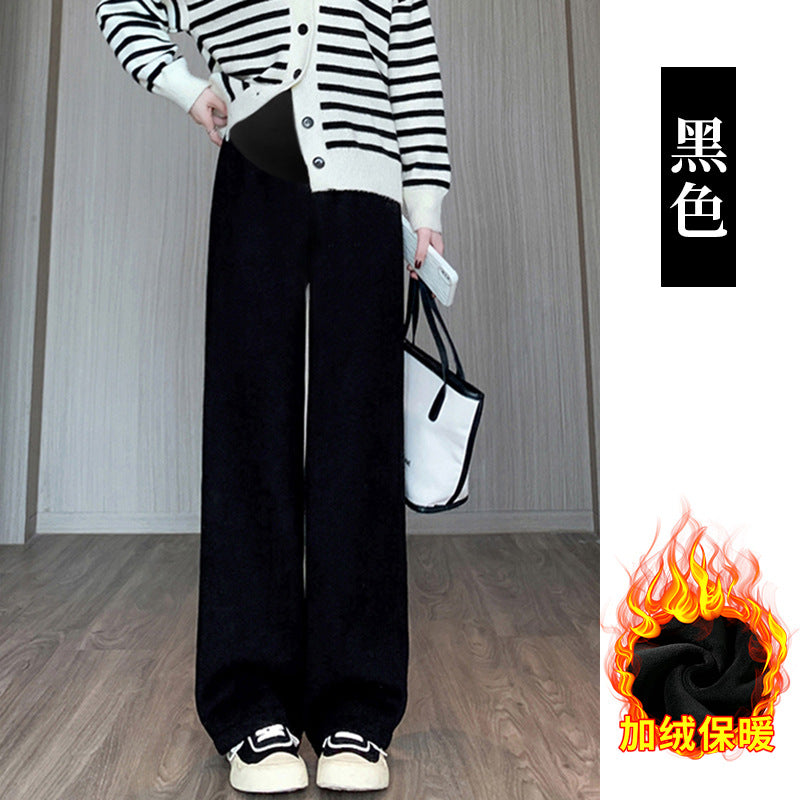 Pregnant women's cashmere striped new wide-leg pants chenille autumn and winter drape fleece-lined straight mop pants trousers