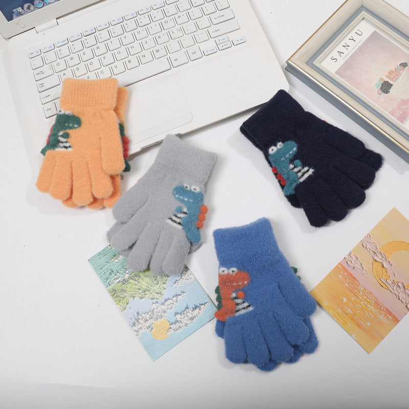 Winter Children's Gloves Cute Student Cartoon Little Dinosaur Warm Gloves Five-Finger Knitted Gloves for Baby Boys and Girls