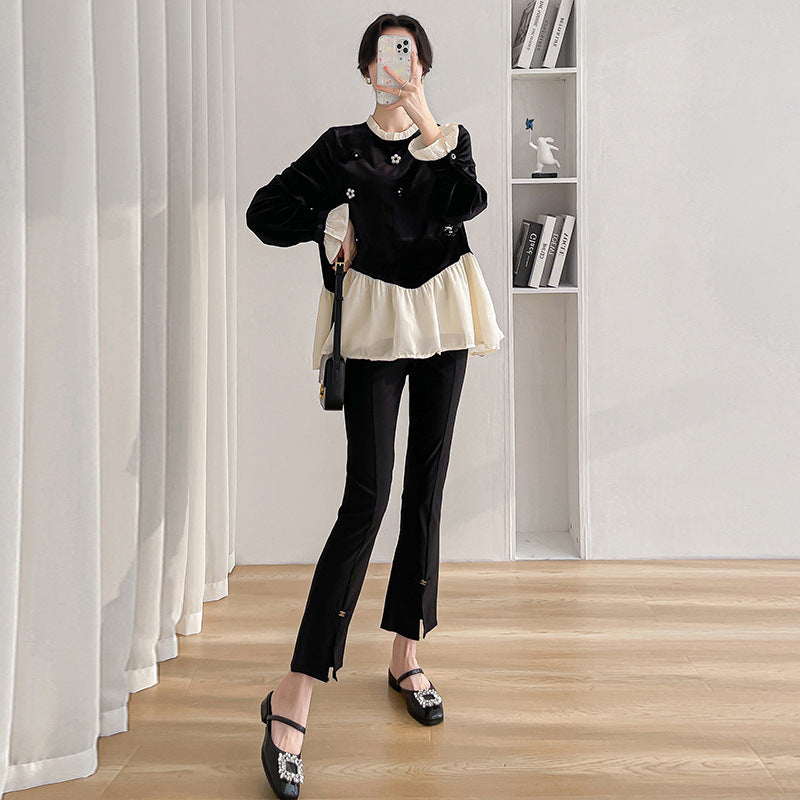 Real shot maternity clothes autumn new temperament fashion loose stitching velvet top belly pants two-piece set