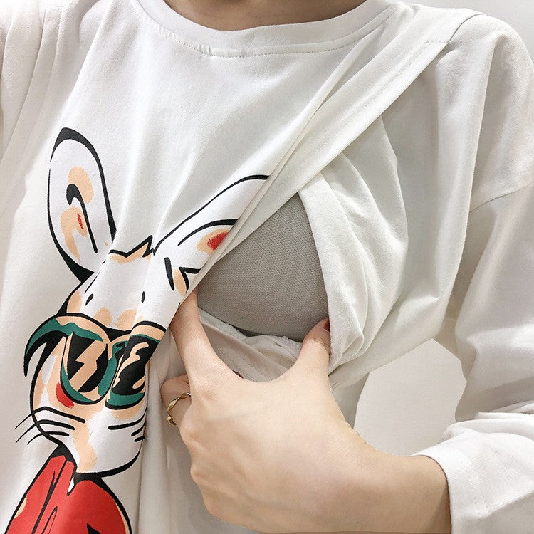 Pregnant Women's Postpartum Breastfeeding Jacket Outer Wear Moon Clothes Long Sleeve Thin T-Shirt Hot Mom's Spring and Autumn Clothes for Breastfeeding Period