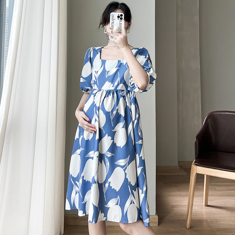 Pregnant Women's Summer Fashion Short Sleeve Square Collar Printed dress Loose plus size Skirt Summer Internet Popular Pregnant Women's Skirt Summer