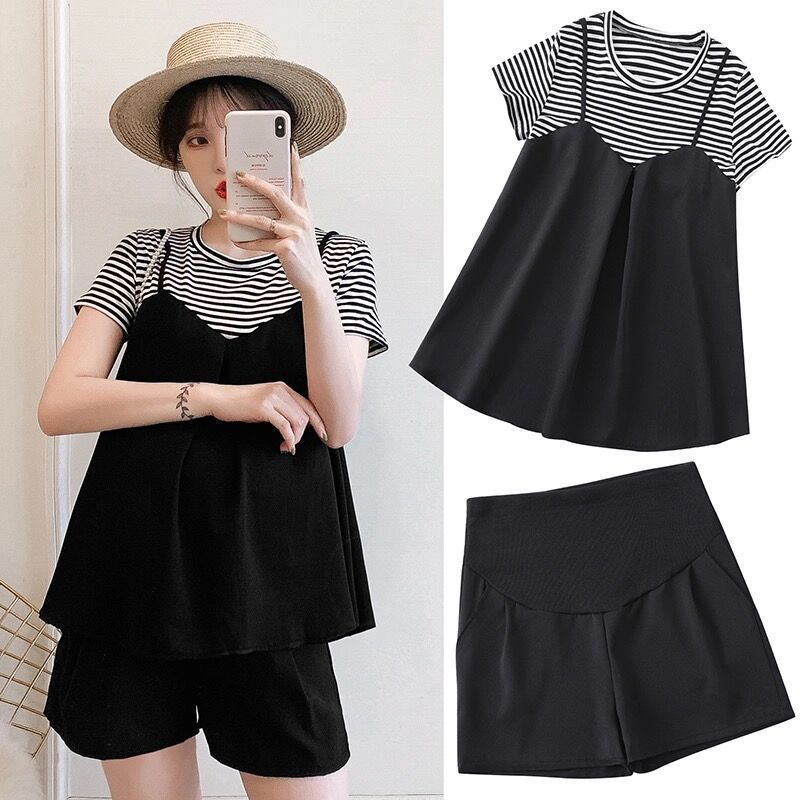 Maternity 2023 Summer Maternity Fake Three-piece Striped Short-sleeved T-shirt Top Abdominal Pants Shorts Two-piece Set