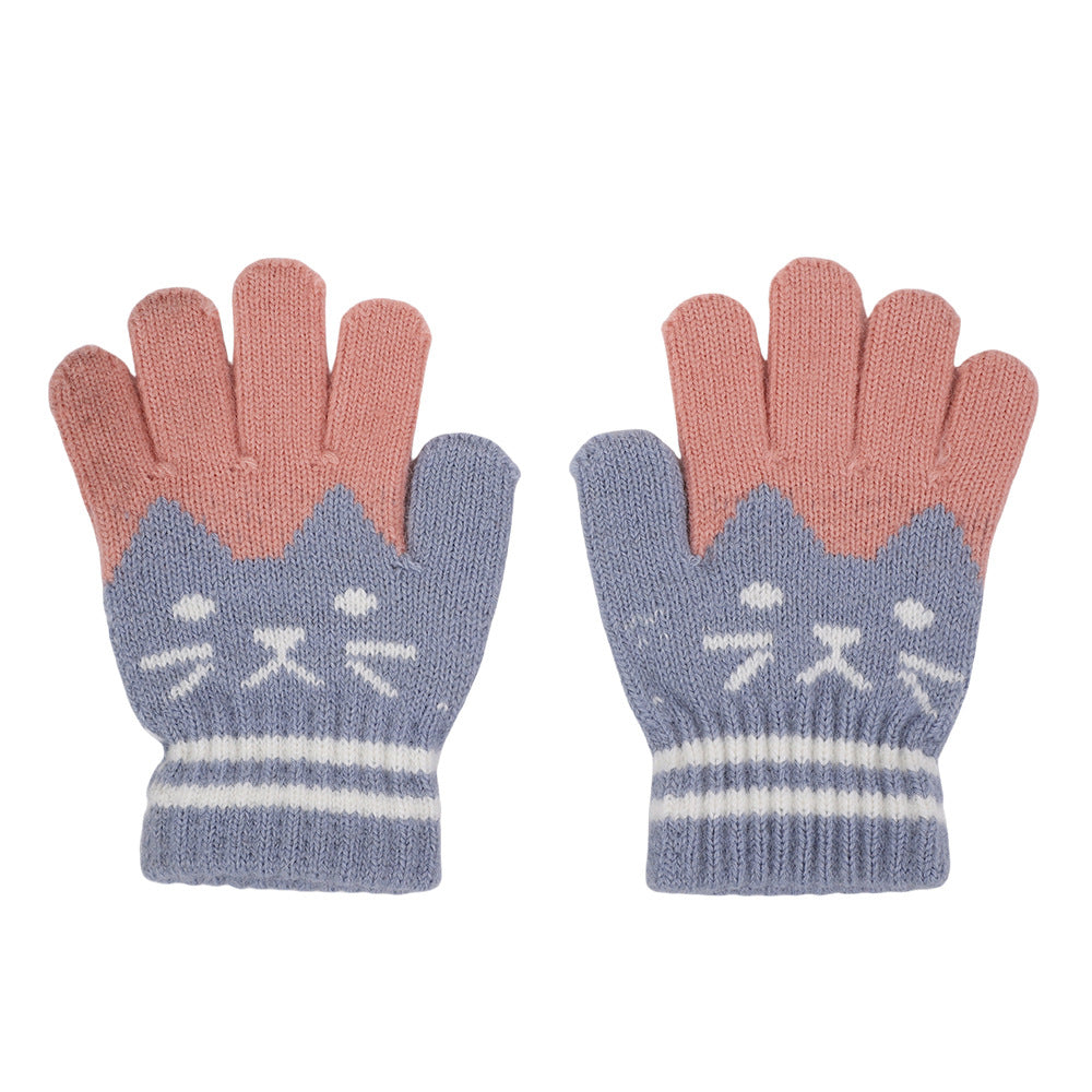 Winter Kidsren's Gloves Are Warm and Velvet to Prevent Cold. Primary School Students Write Boys and Girls Baby Sets Jacquard Gloves Kittens