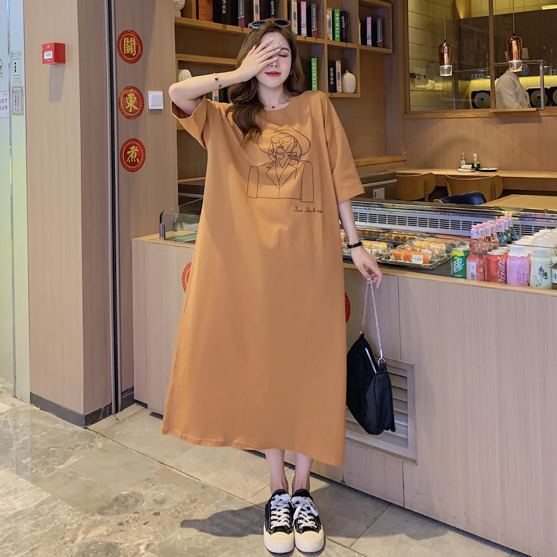 Maternity Summer New Korean Loose Long dress Western Style Over-the-knee T-shirt chubby girl Base Dress