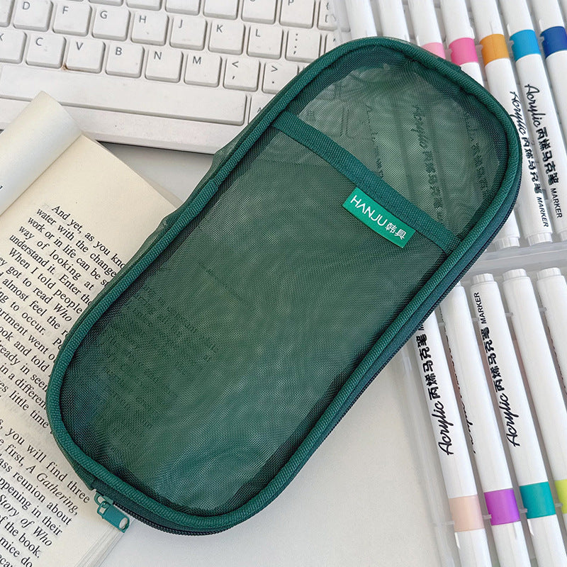 Korean Hj-006 High-Looking Pencil Bag, Transparent Mesh Stationery Bag, Simple Handbag, Cosmetic Bag, Double-Layer Storage Bag