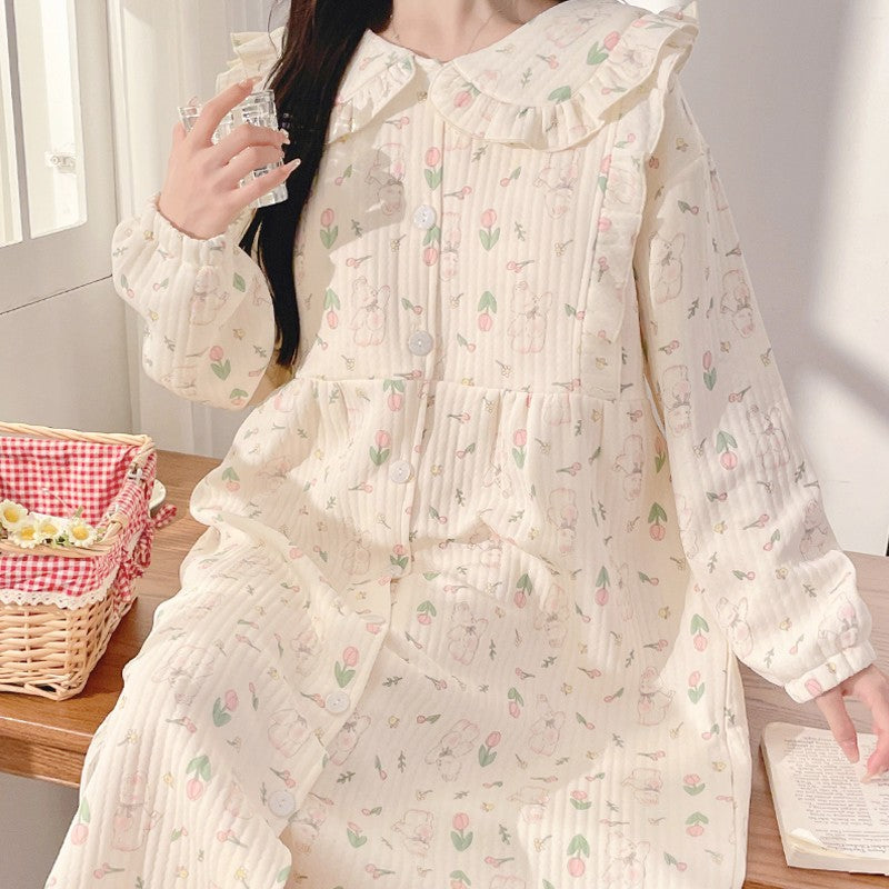 Lunar Clothing Spring and Autumn Air Cotton Thick Postpartum Breastfeeding dress Doll Collar Pregnant Women Pajamas for Outer Wear