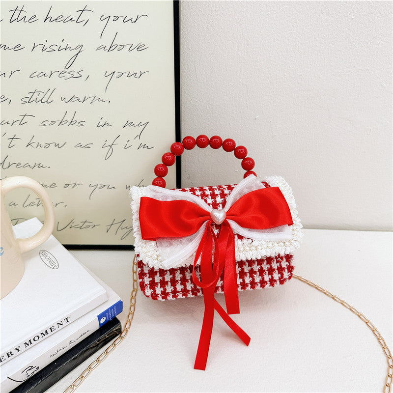 Children's New Year Red Envelope Korean Style Bow Pearl Small Square Bag Princess Shoulder Crossbody Mini Change Accessories Small Bag
