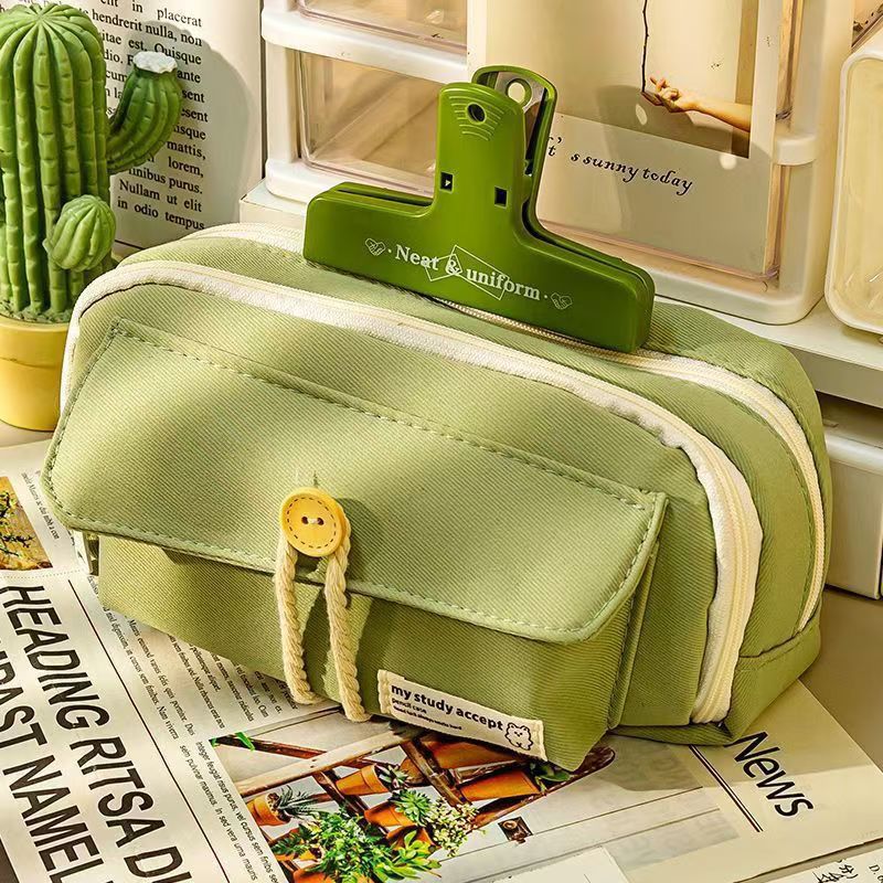 Button Pencil Bag with Good Looks for Girls, Large Capacity, Simple Ins Student Creative Canvas Stationery Bag, Pencil Stationery Box