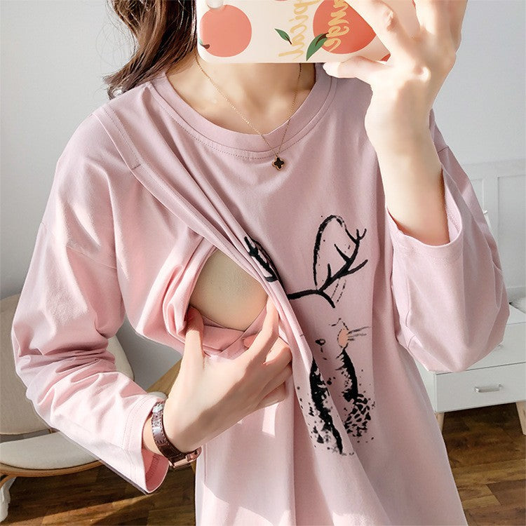 Pregnant Women's Postpartum Breastfeeding Jacket Outer Wear Moon Clothes Long Sleeve Thin T-Shirt Hot Mom's Spring and Autumn Clothes for Breastfeeding Period